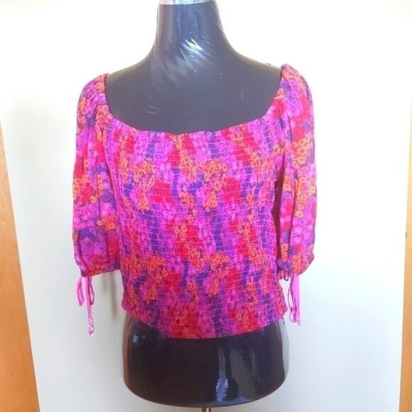 Fairycore Crop Top Smocked Puff Sleeve Vibrant Floral XL - Picture 4 of 11